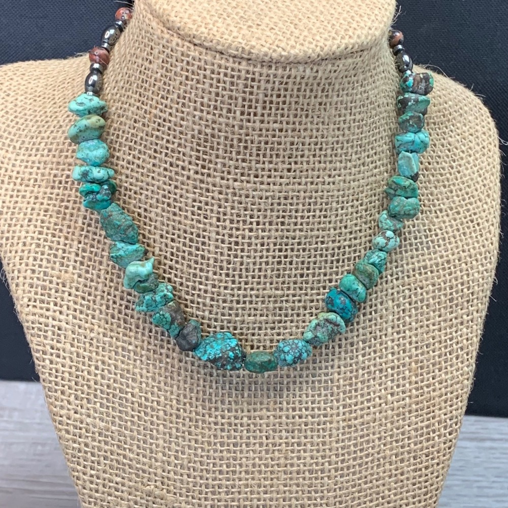 Natural Turquoise Nugget Necklace Hematite Jasper Beads 14 Inch Choker